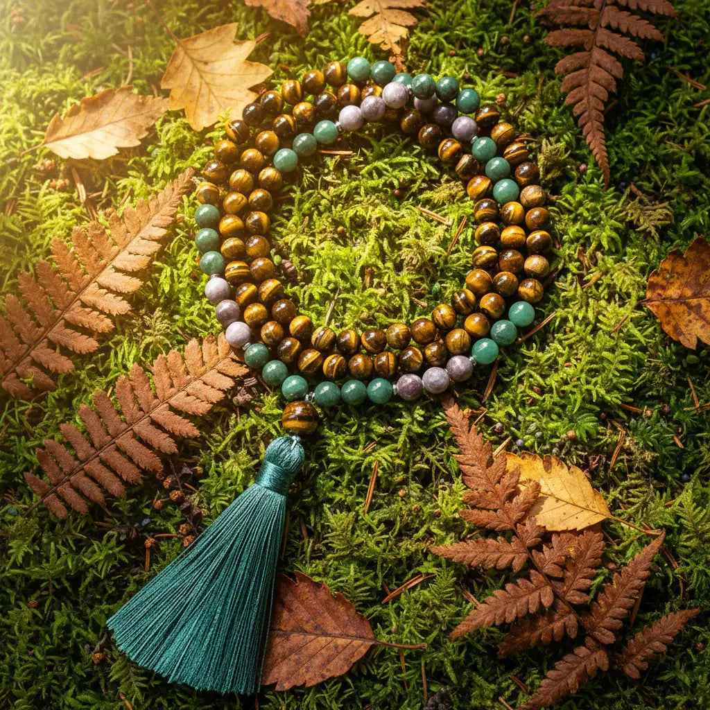 Tiger's eye and green jade 108-bead knotted mala necklace, view 2