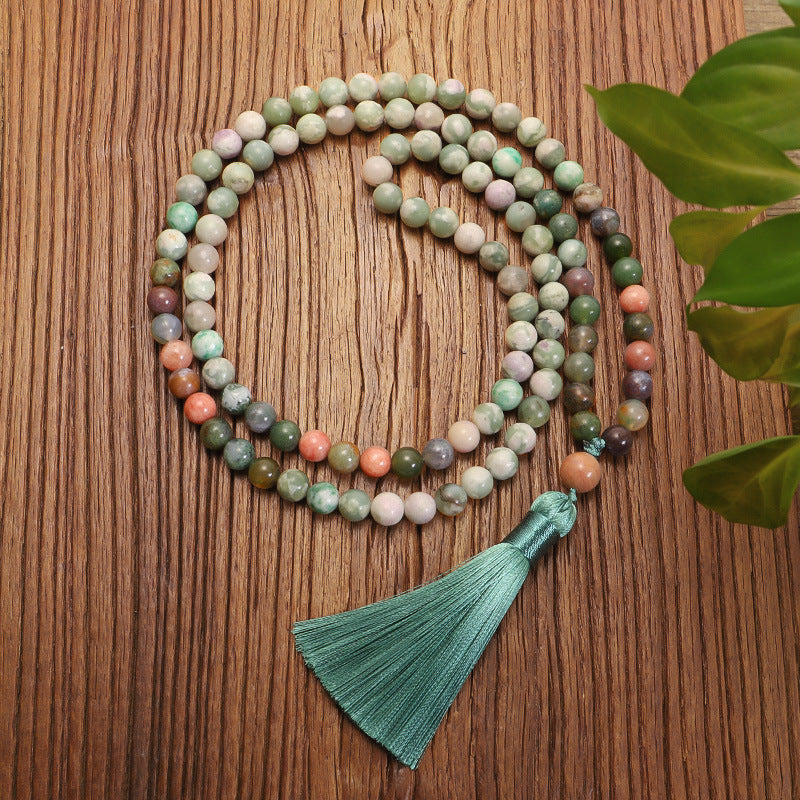 Indian agate 108-bead mala necklace with tassel in mossy green and earth tones, view 5