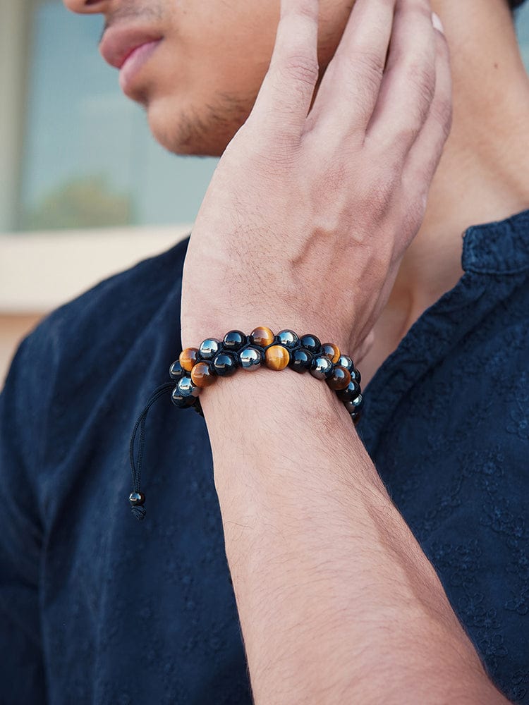 Black obsidian, tiger's eye and hematite bead bracelet, view 2