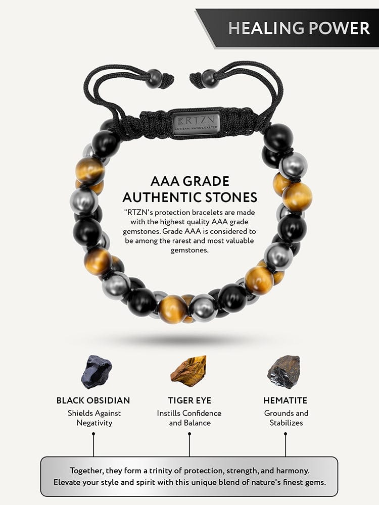 Black obsidian, tiger's eye and hematite bead bracelet, view 4