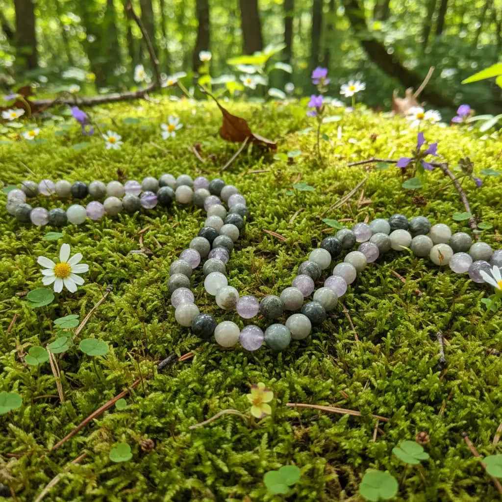 Labradorite and grey agate 108-bead knotted mala necklace, view 5