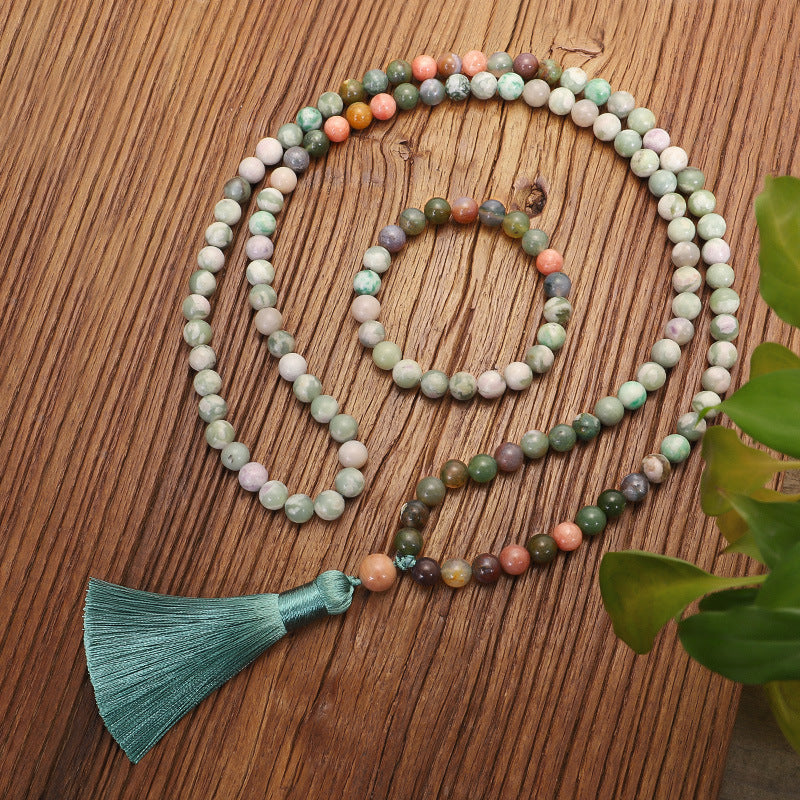 Indian agate 108-bead mala necklace with tassel in mossy green and earth tones, view 3