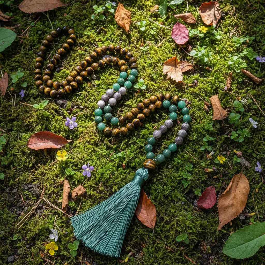 Tiger's eye and green jade 108-bead knotted mala necklace, view 6
