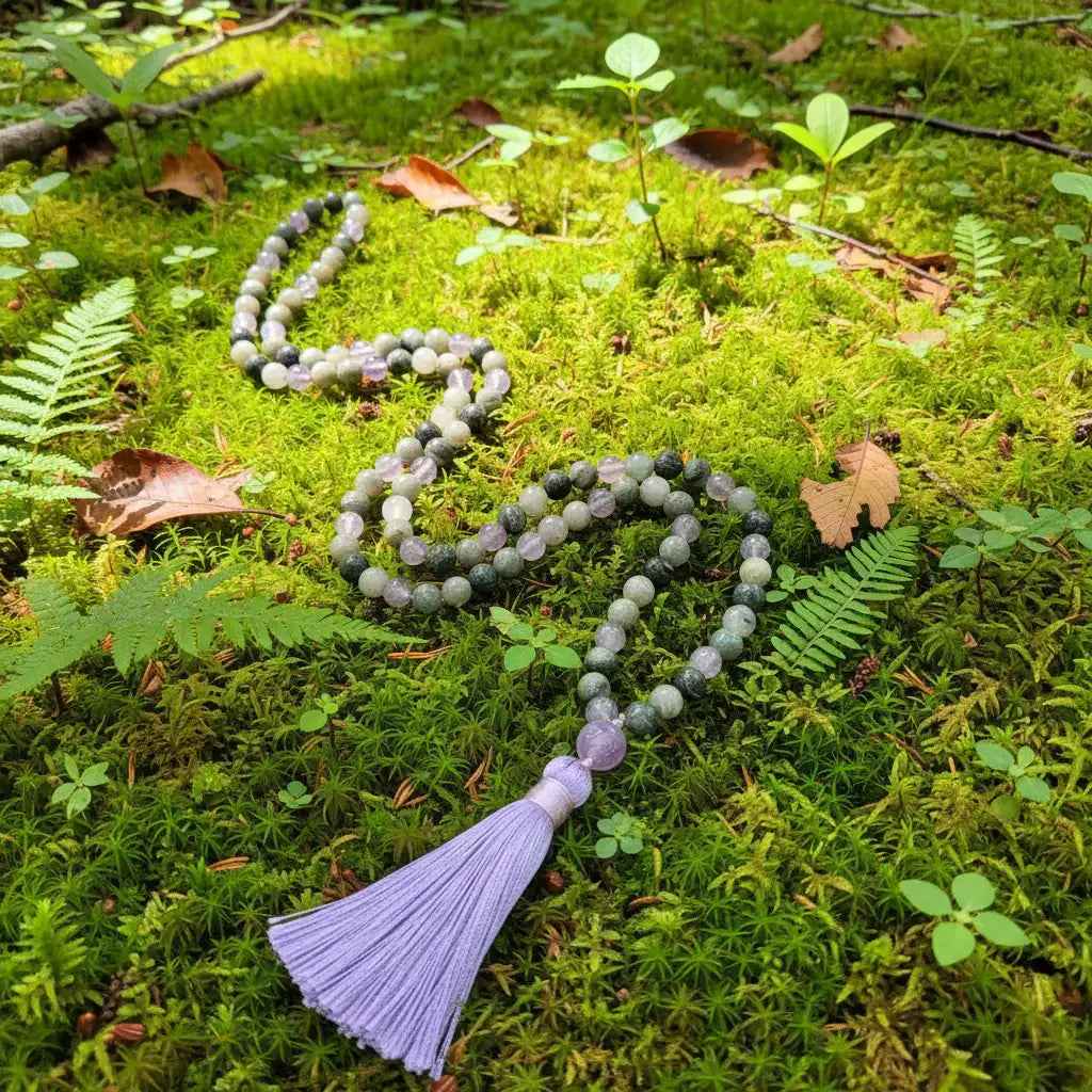 Labradorite and grey agate 108-bead knotted mala necklace, view 4