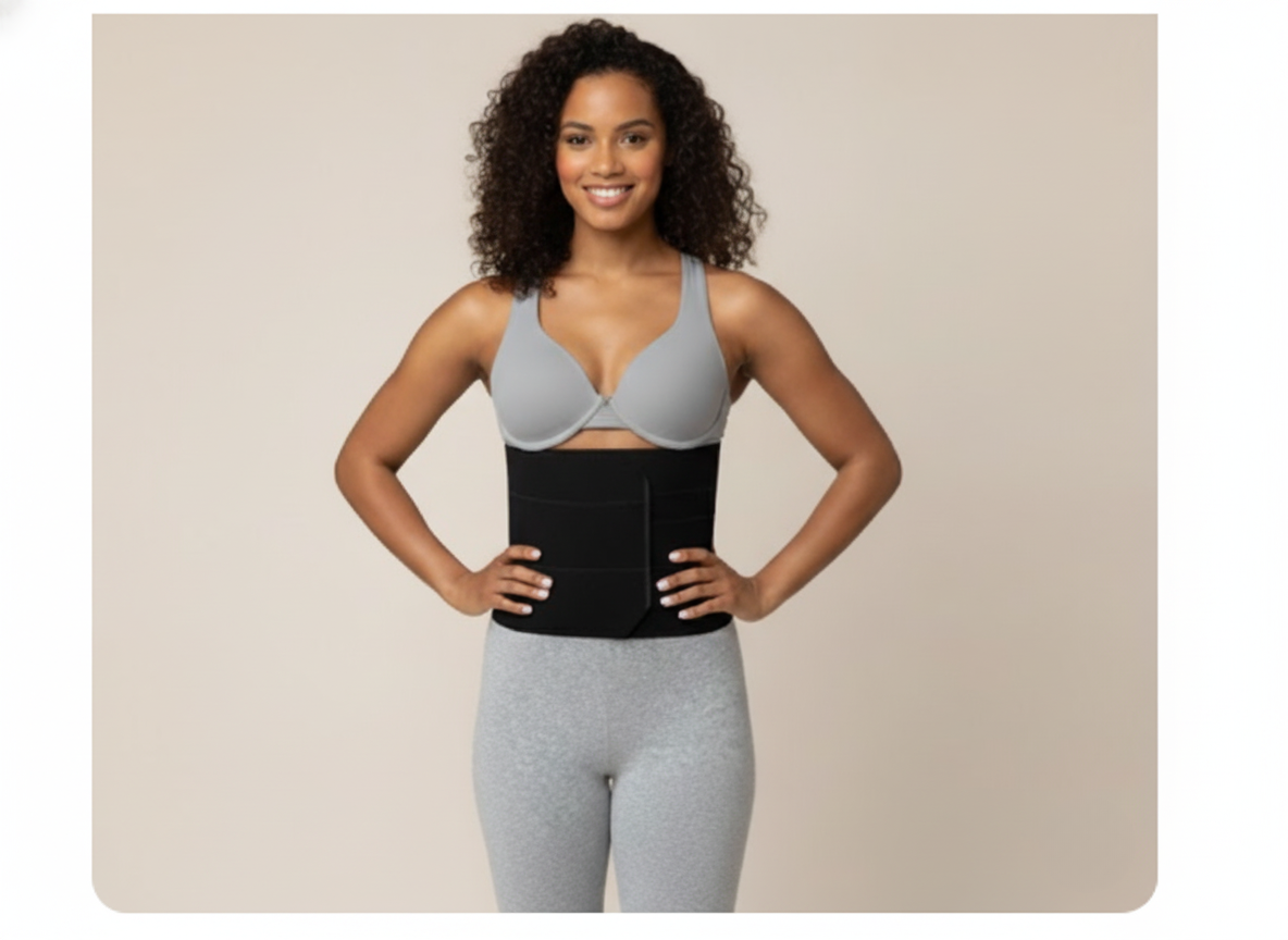 Black 3-panel post-op abdominal binder with hook-and-loop closure