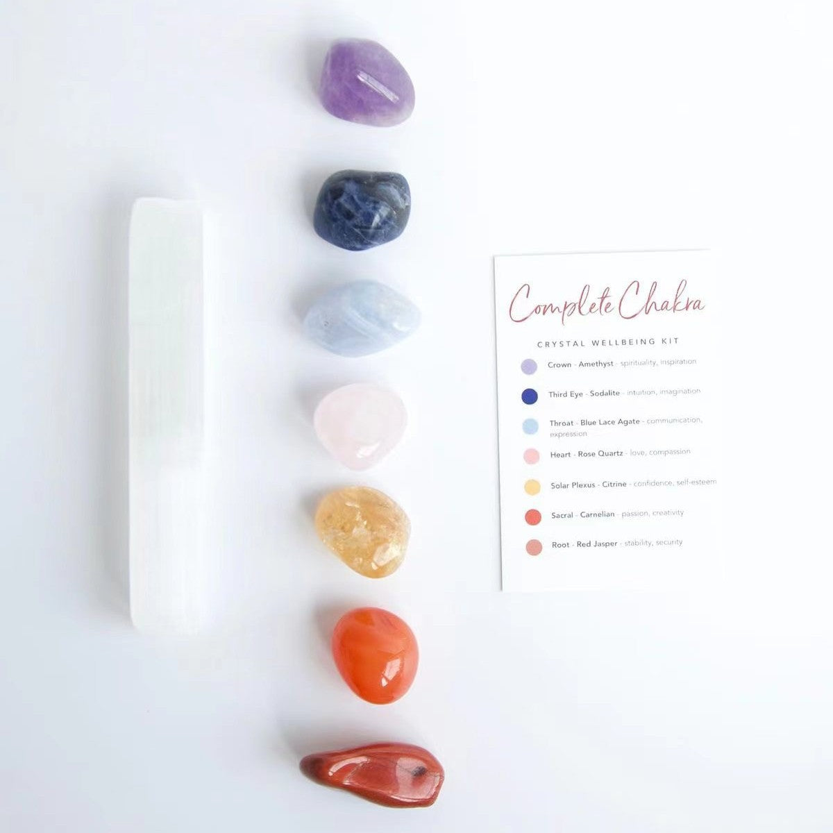 Chakra crystal kit with tumbled stones and selenite wand