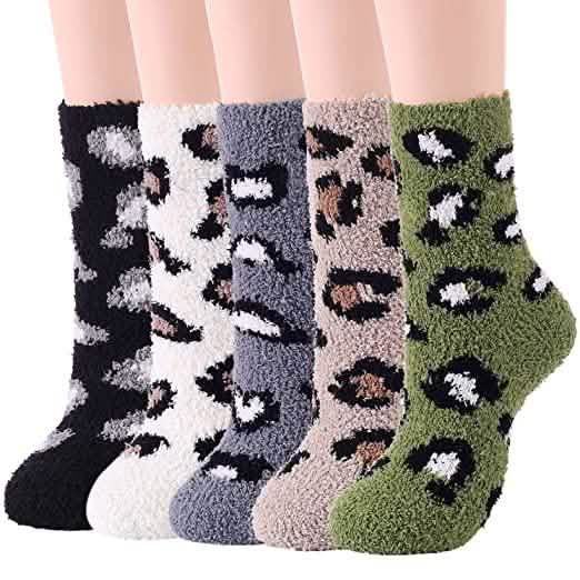 Fuzzy fleece slipper socks with grips, 5 pairs