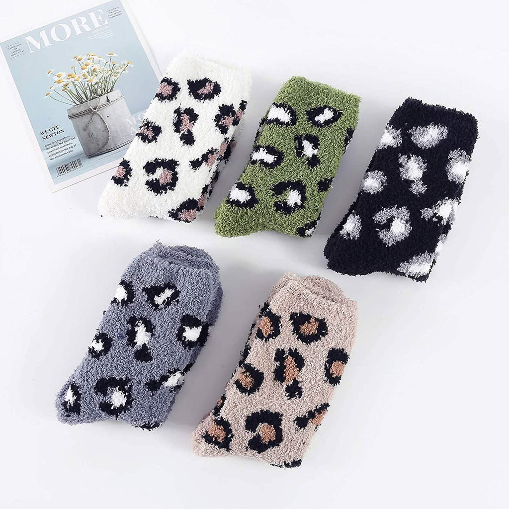 Fuzzy Fleece Slipper Socks with Grips, 5 Pairs