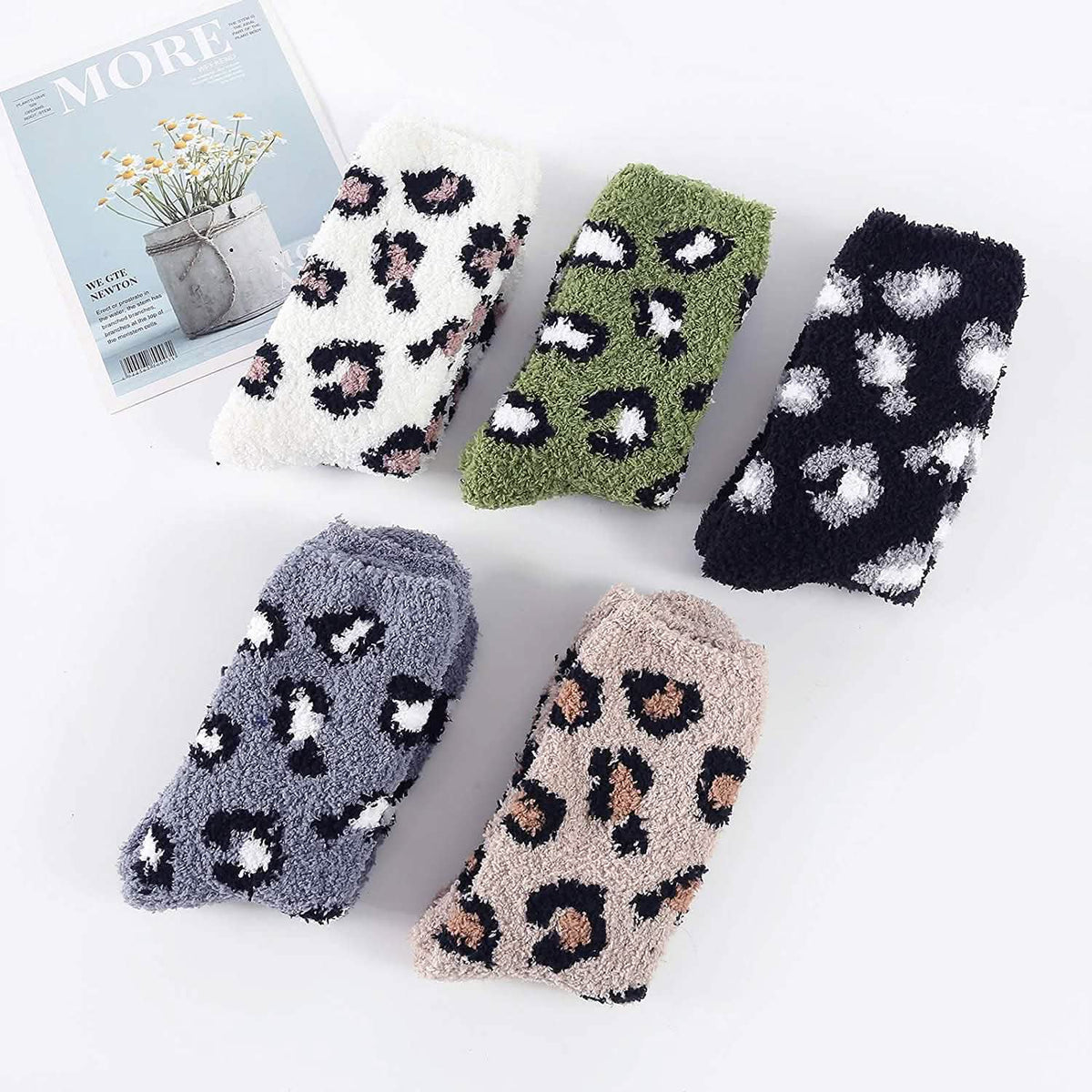 Fuzzy Fleece Slipper Socks with Grips, 5 Pairs