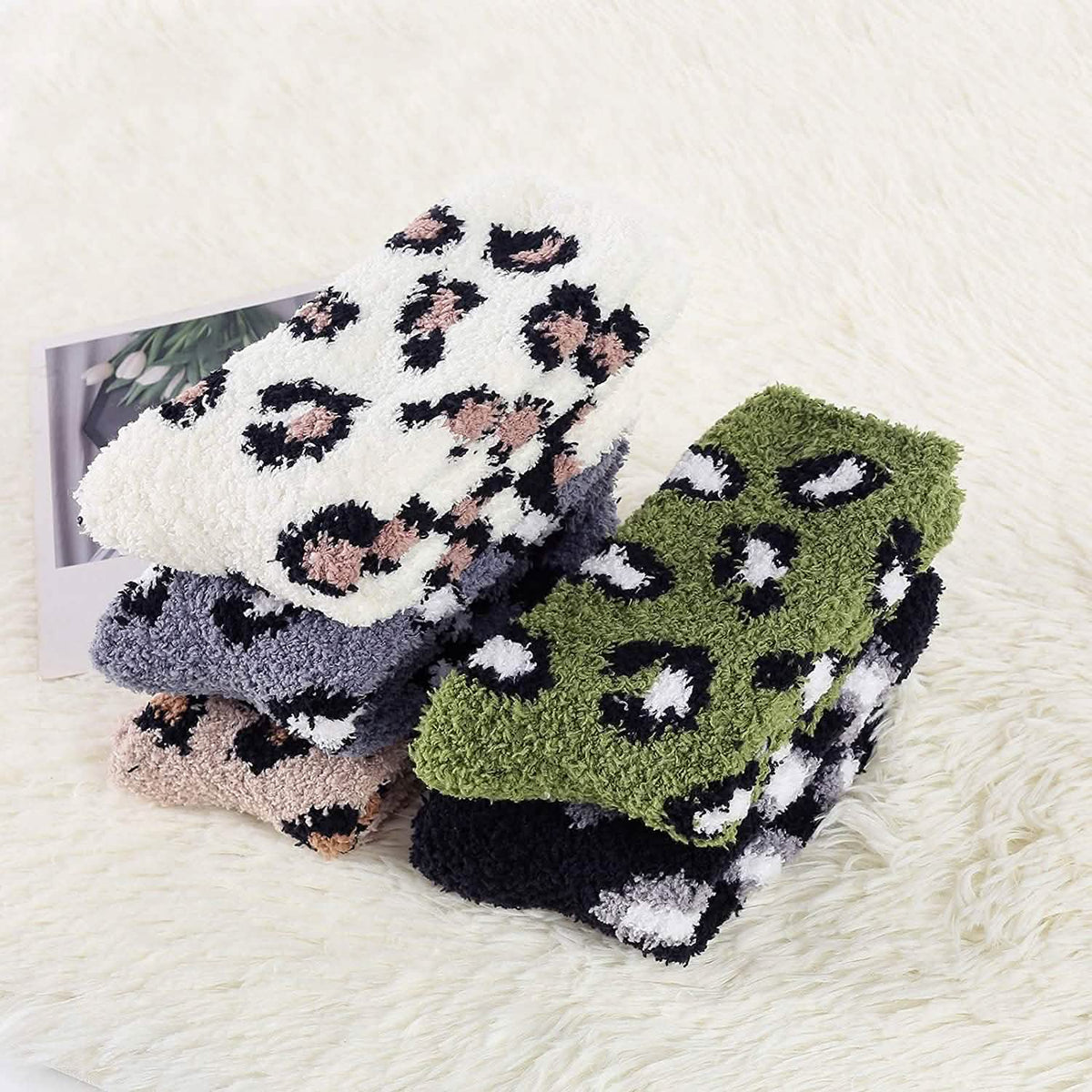Fuzzy Fleece Slipper Socks with Grips, 5 Pairs