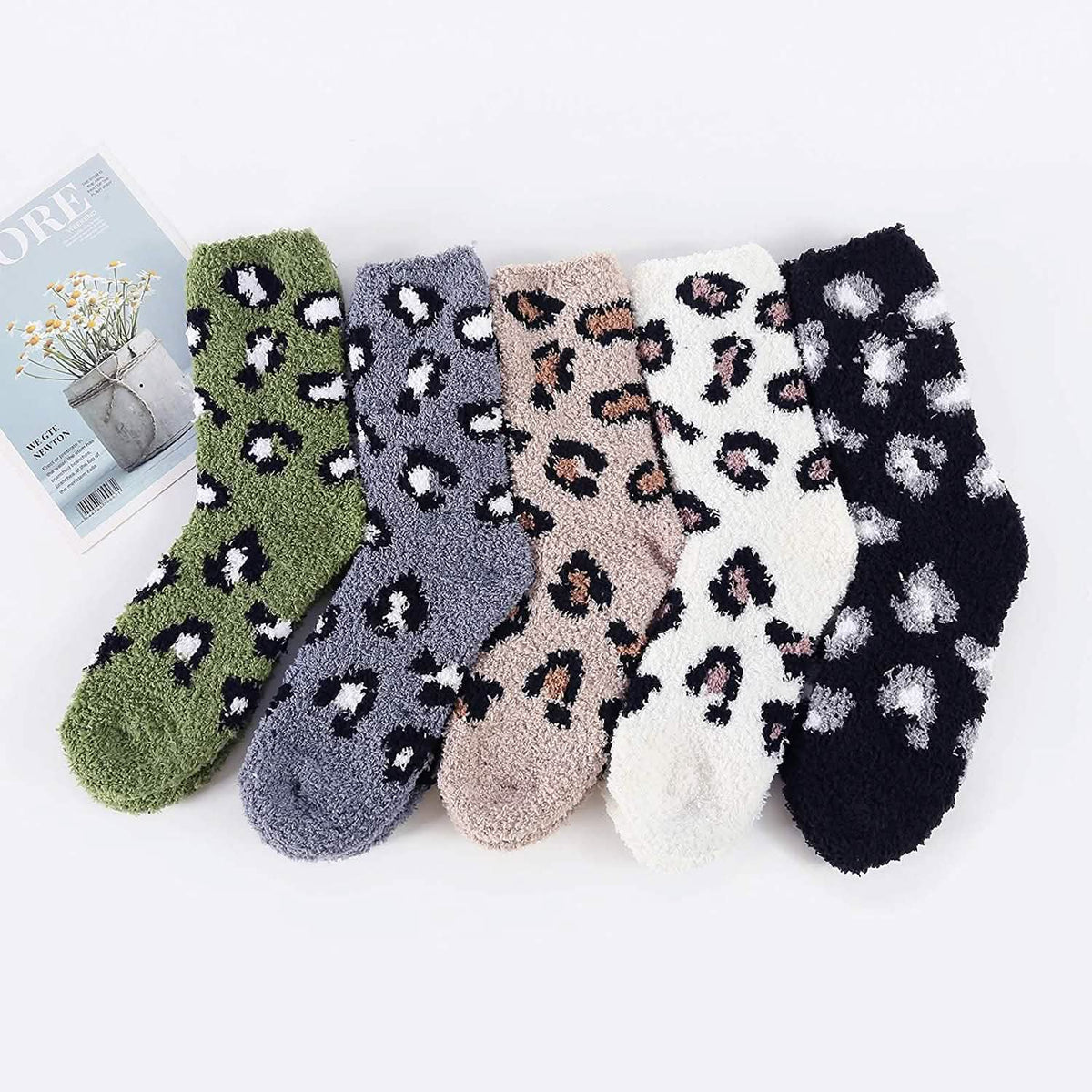 Fuzzy Fleece Slipper Socks with Grips, 5 Pairs