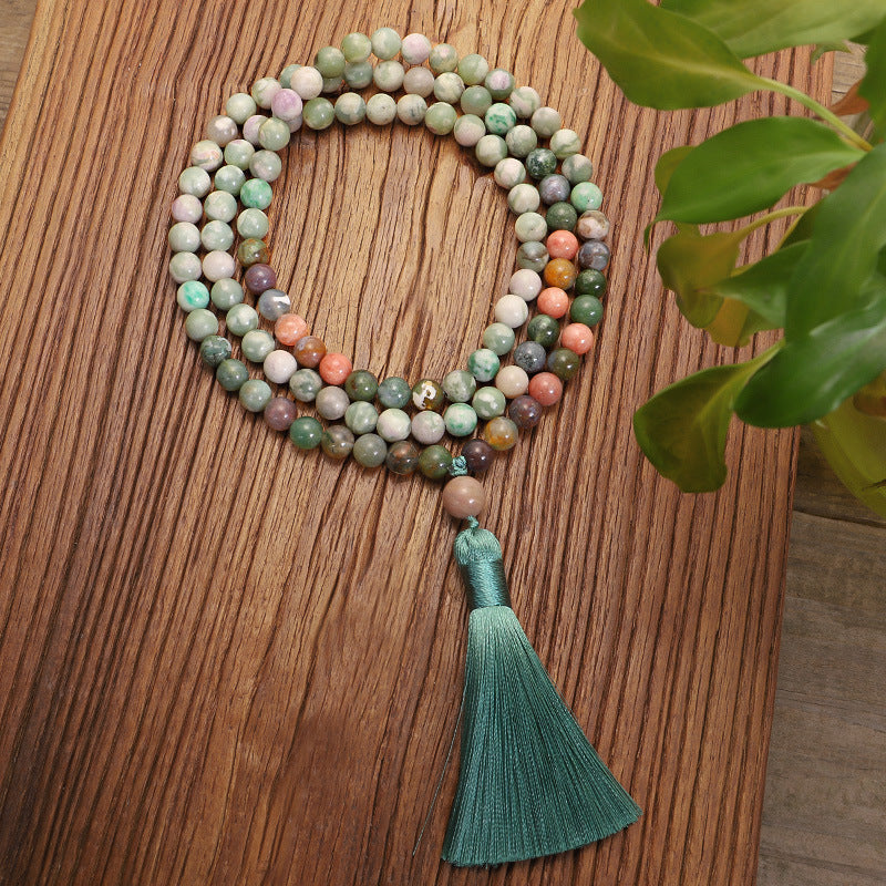 Indian agate 108-bead mala necklace with tassel in mossy green and earth tones, view 2