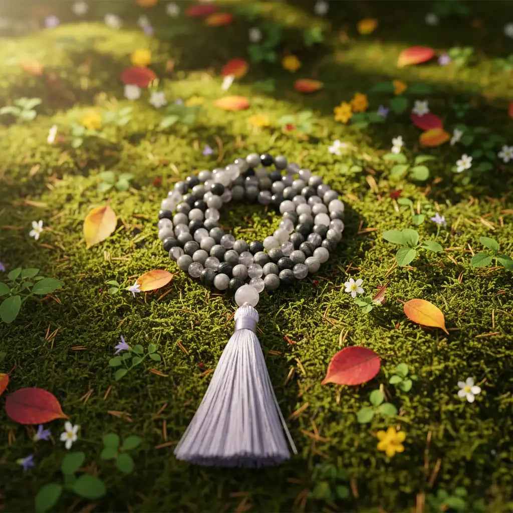 Labradorite and grey agate 108-bead knotted mala necklace, view 6