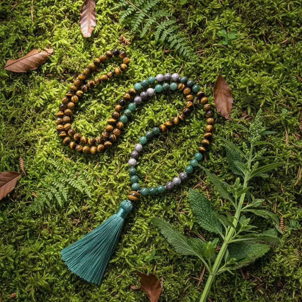 Tiger's eye and green jade 108-bead knotted mala necklace