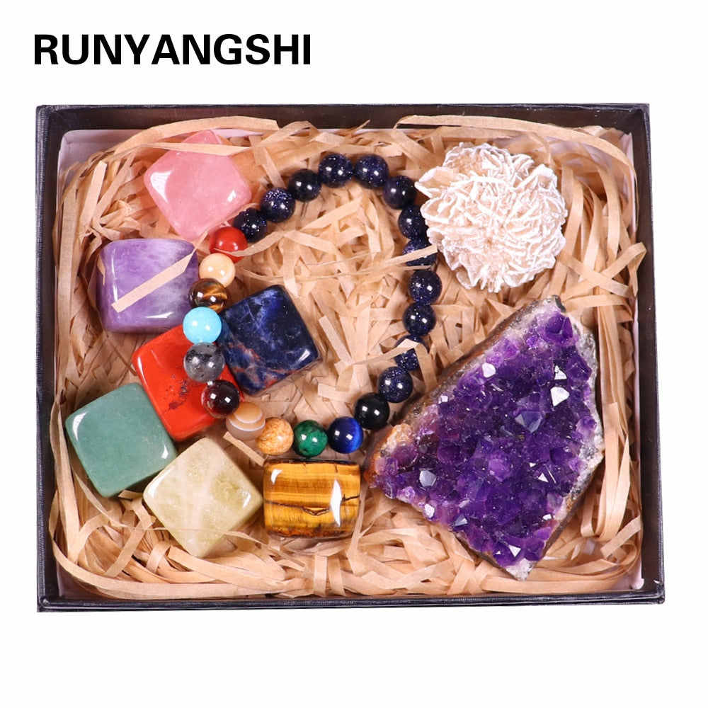 Seven chakra crystal specimen collection in a gift box