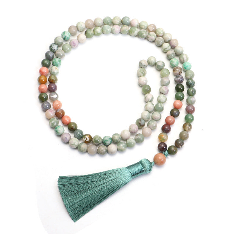 Indian agate 108-bead mala necklace with tassel in mossy green and earth tones