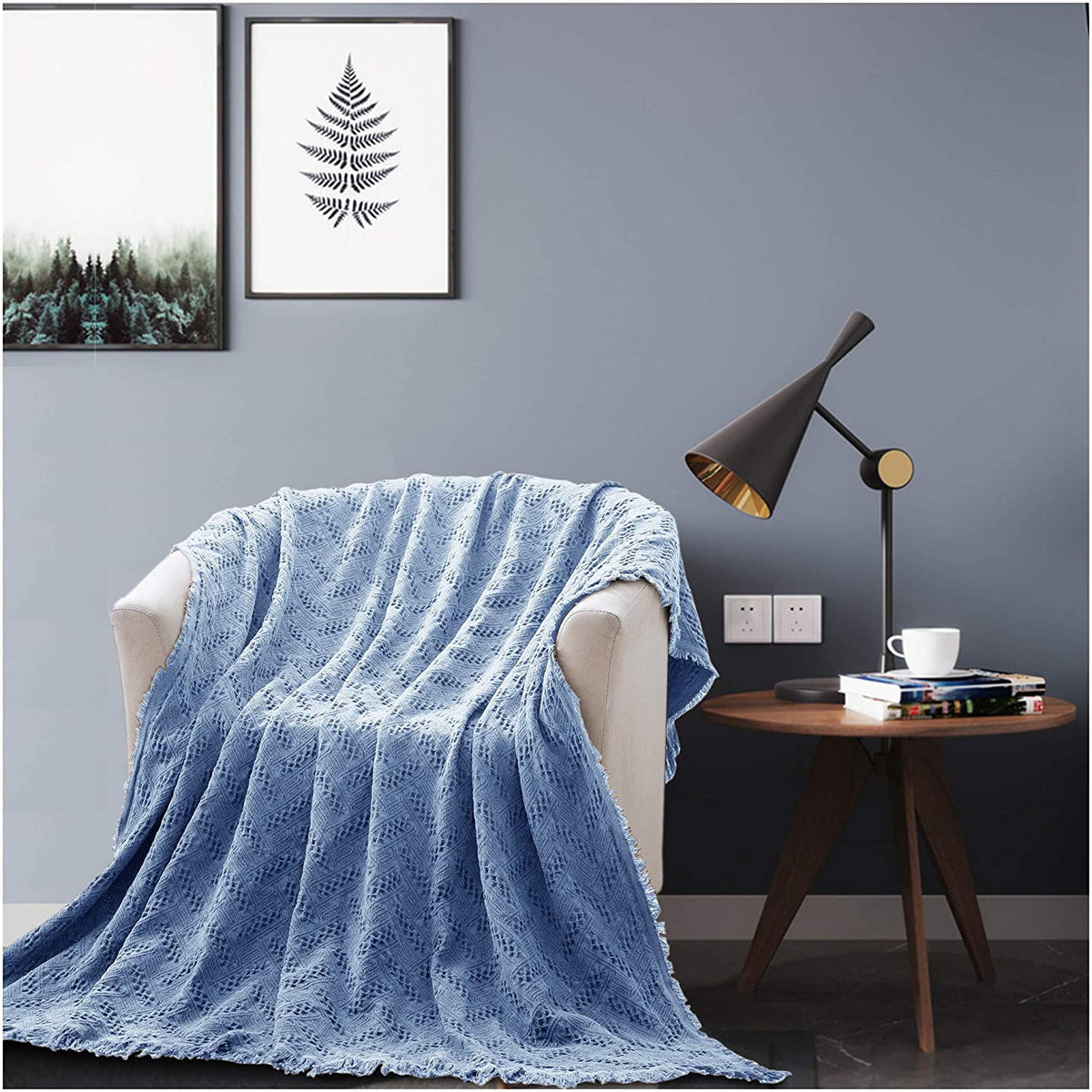 Kasentex stone-washed cotton knit throw blanket with fringe