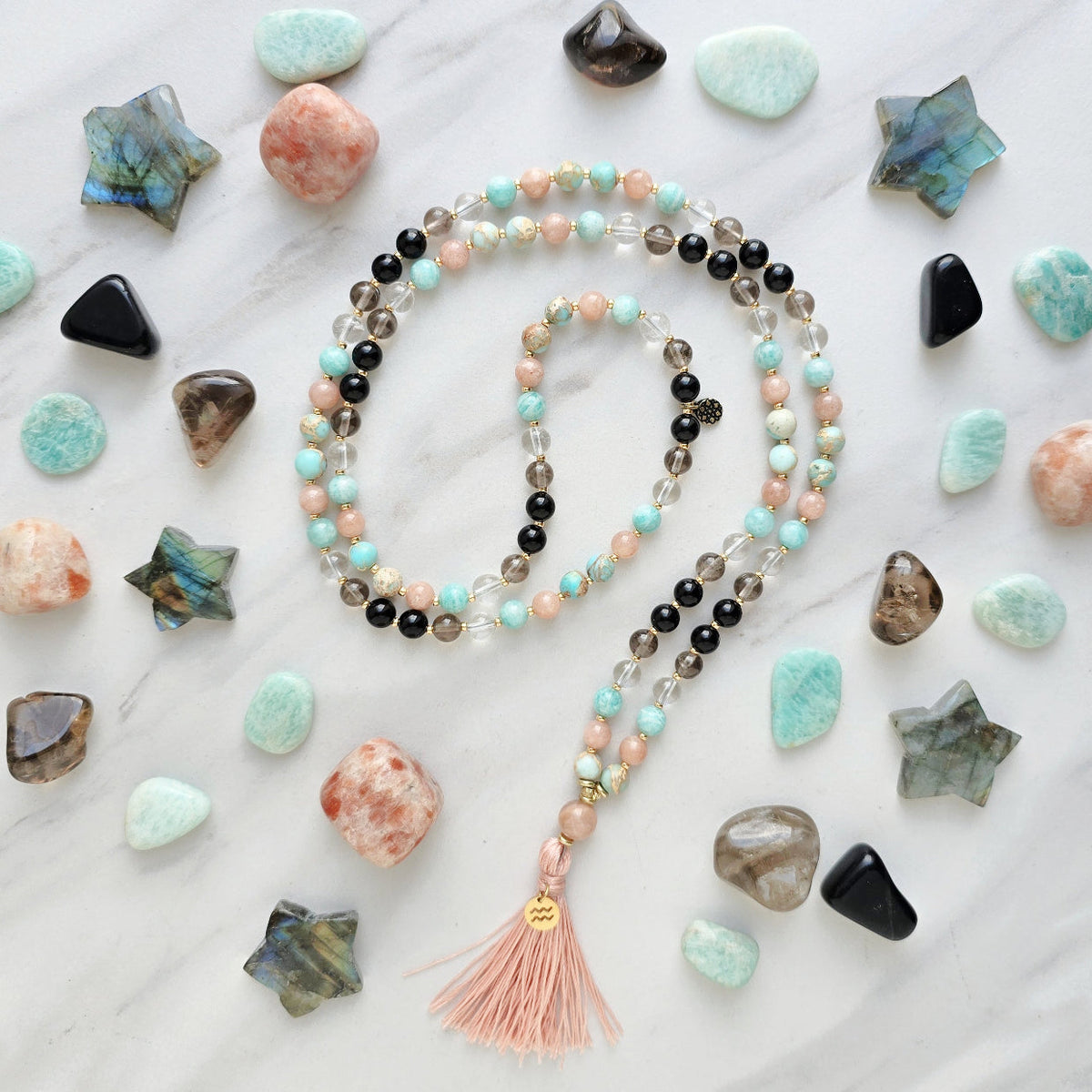 Aquarius zodiac mala necklace with sea sediment jasper and sunstone beads, Aquarius charm and tassel