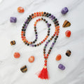Aries zodiac mala necklace with carnelian and ironstone beads, Aries charm and tassel
