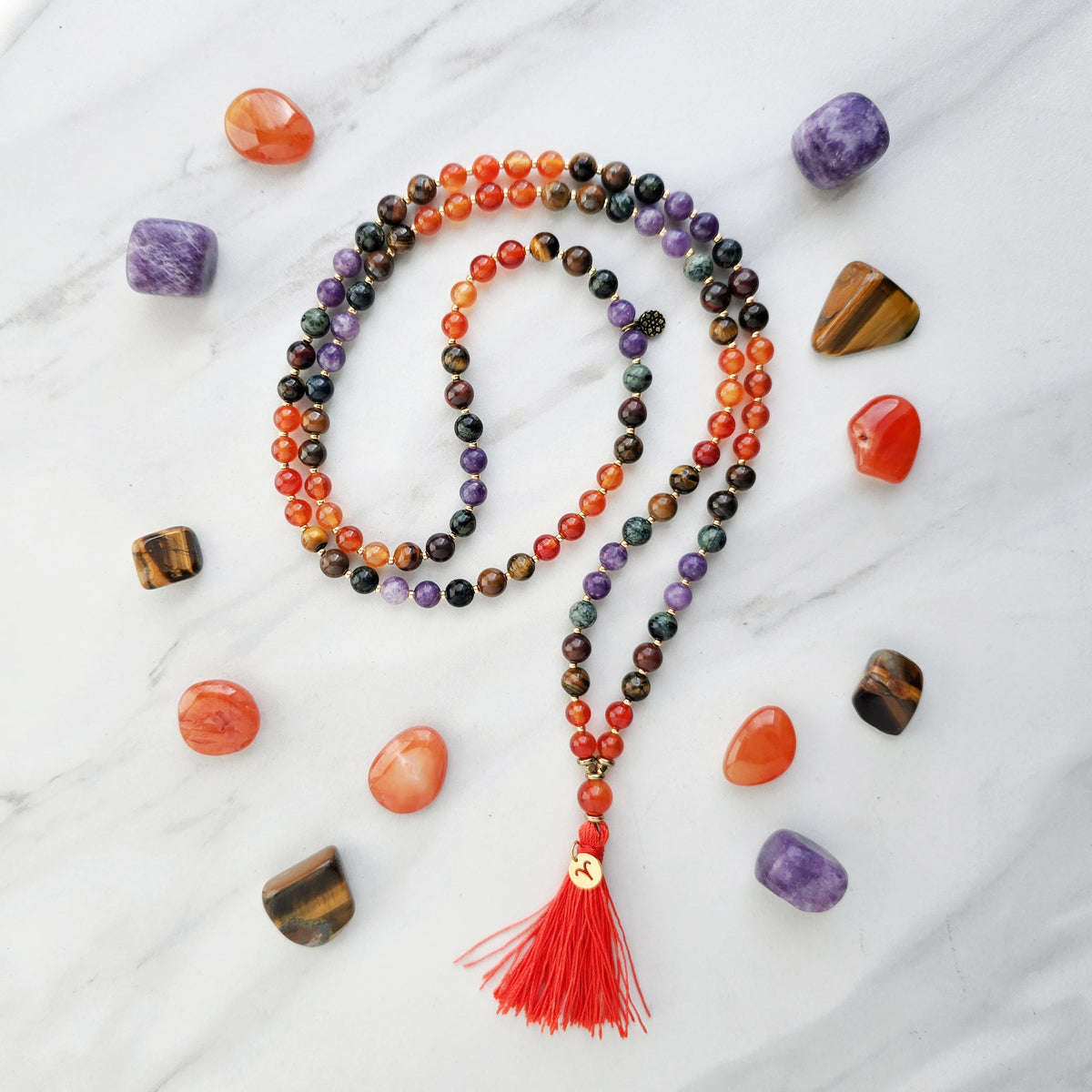 Aries zodiac mala necklace with carnelian and ironstone beads, Aries charm and tassel