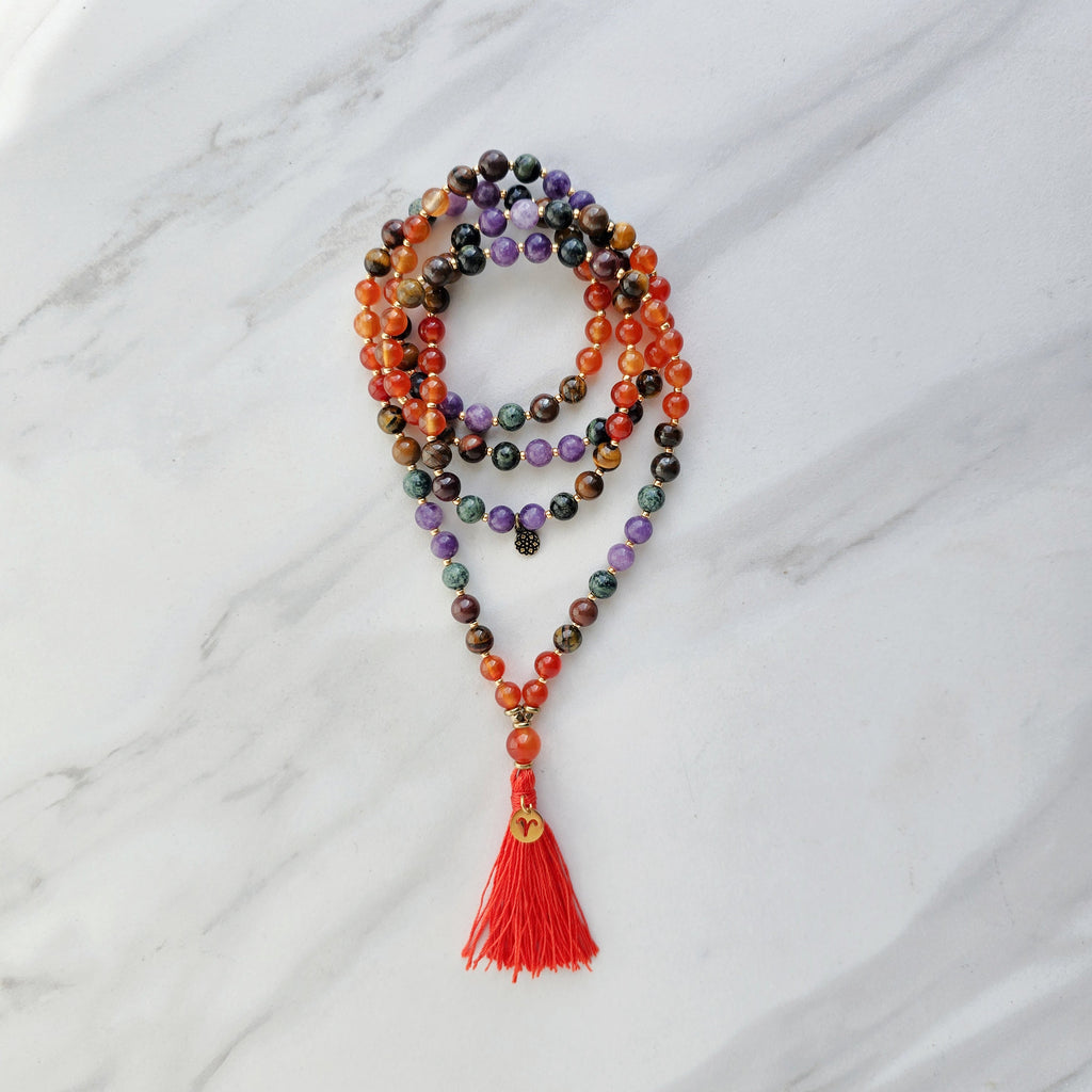 Aries zodiac mala necklace with carnelian and ironstone beads, Aries charm and tassel, view 2