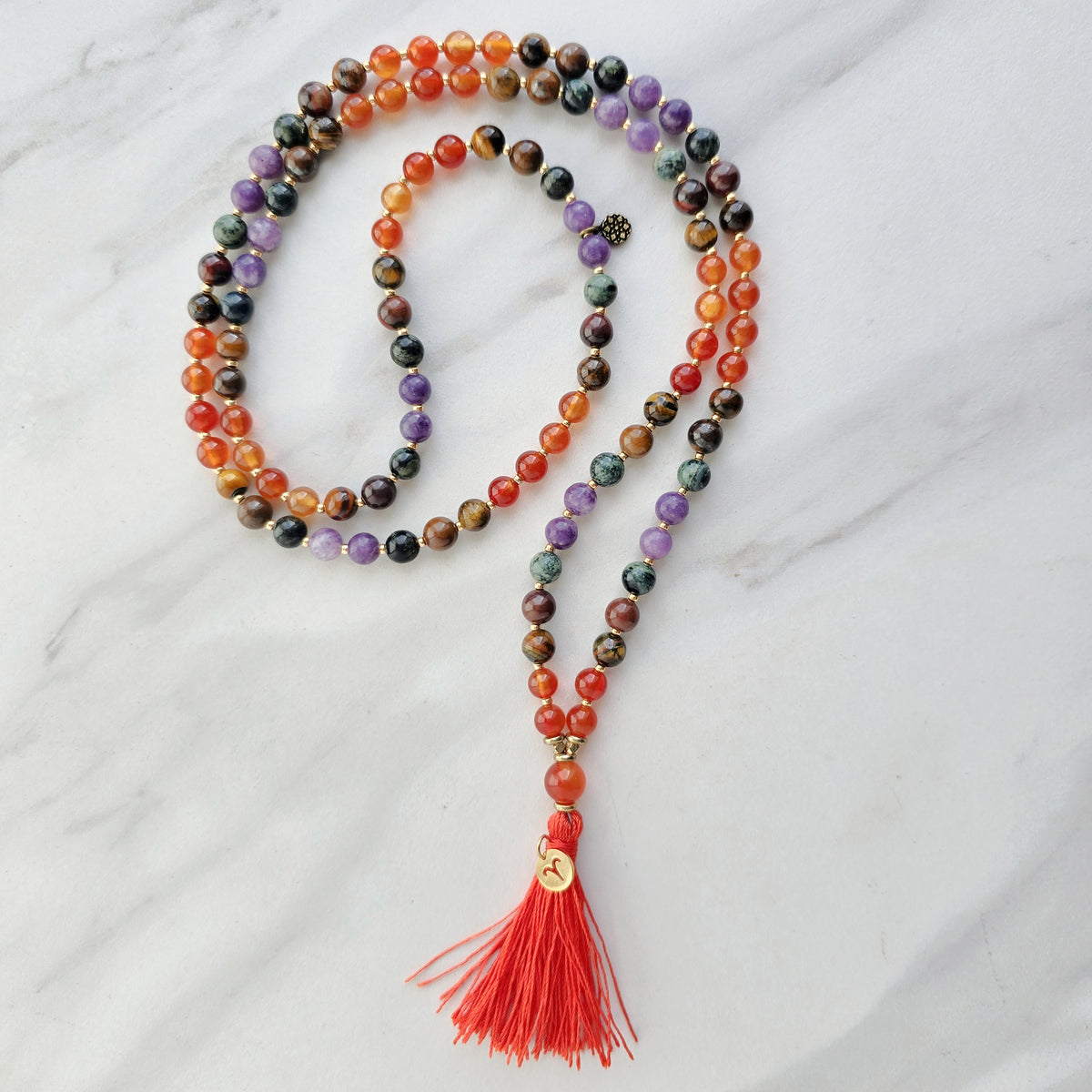 Aries zodiac mala necklace with carnelian and ironstone beads, Aries charm and tassel, view 4