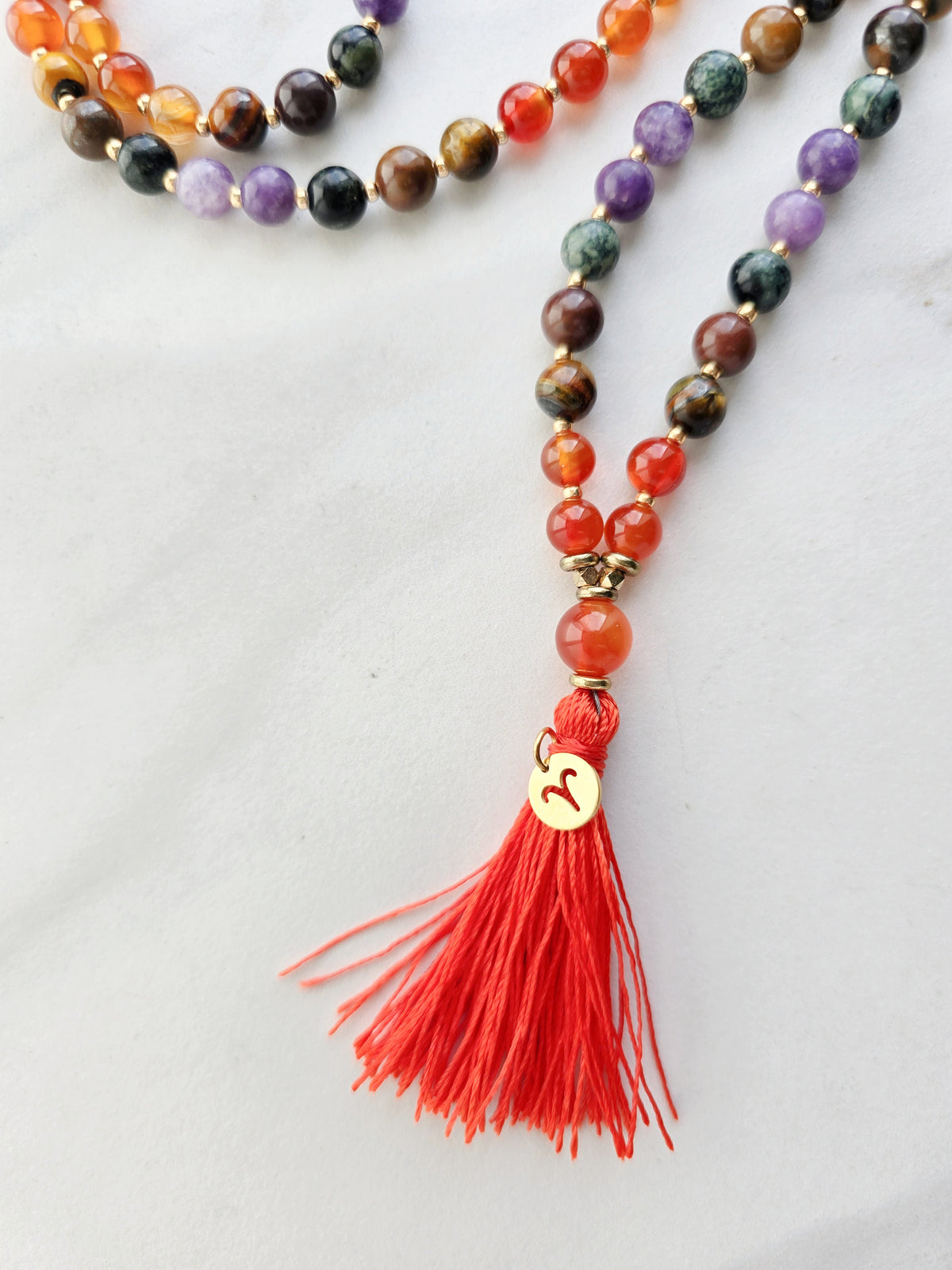 Aries zodiac mala necklace with carnelian and ironstone beads, Aries charm and tassel, view 5