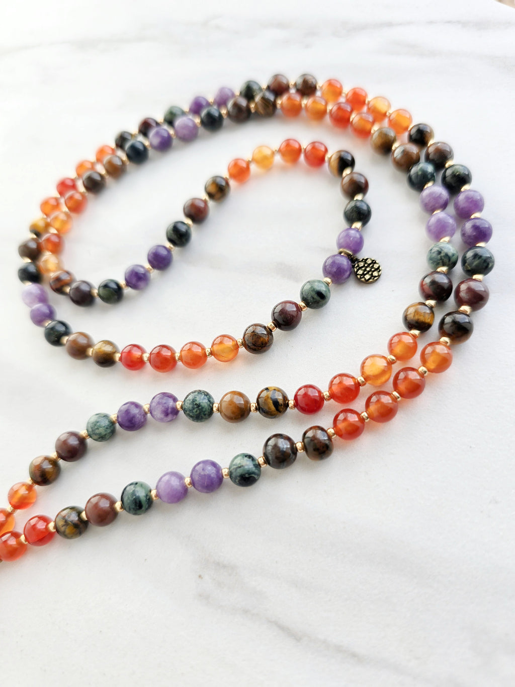 Aries zodiac mala necklace with carnelian and ironstone beads, Aries charm and tassel, view 6
