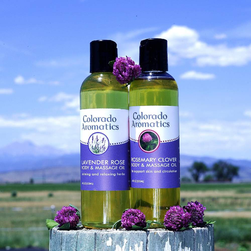 Colorado Aromatics botanical body and massage oil bottle
