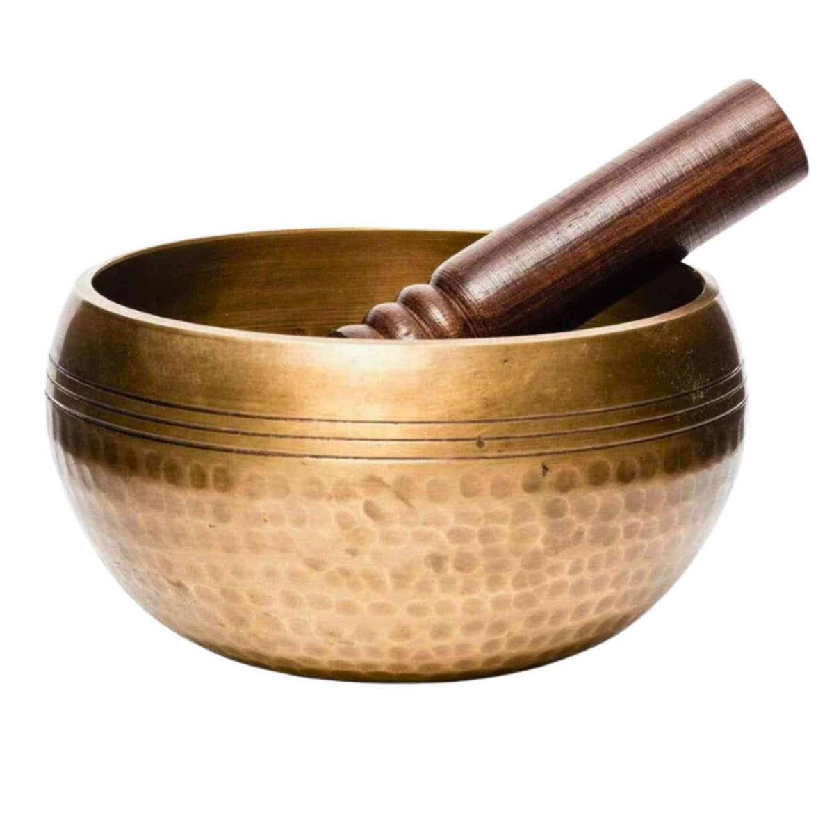 Hand-hammered brass Tibetan singing bowl with wooden mallet, handcrafted in Nepal