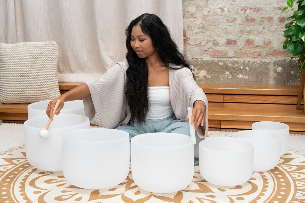 Frosted quartz crystal singing bowl chakra set of 7, 8 to 14 inch