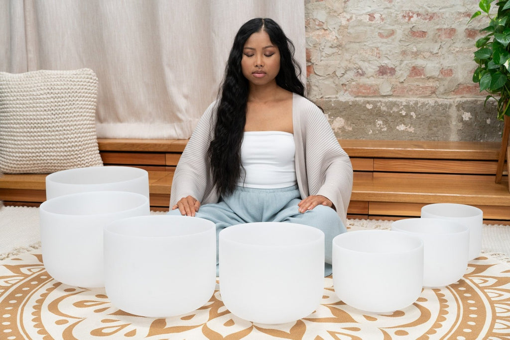 Crystal Singing Bowl Chakra Set of 7 – Frosted Quartz, 8–14 in