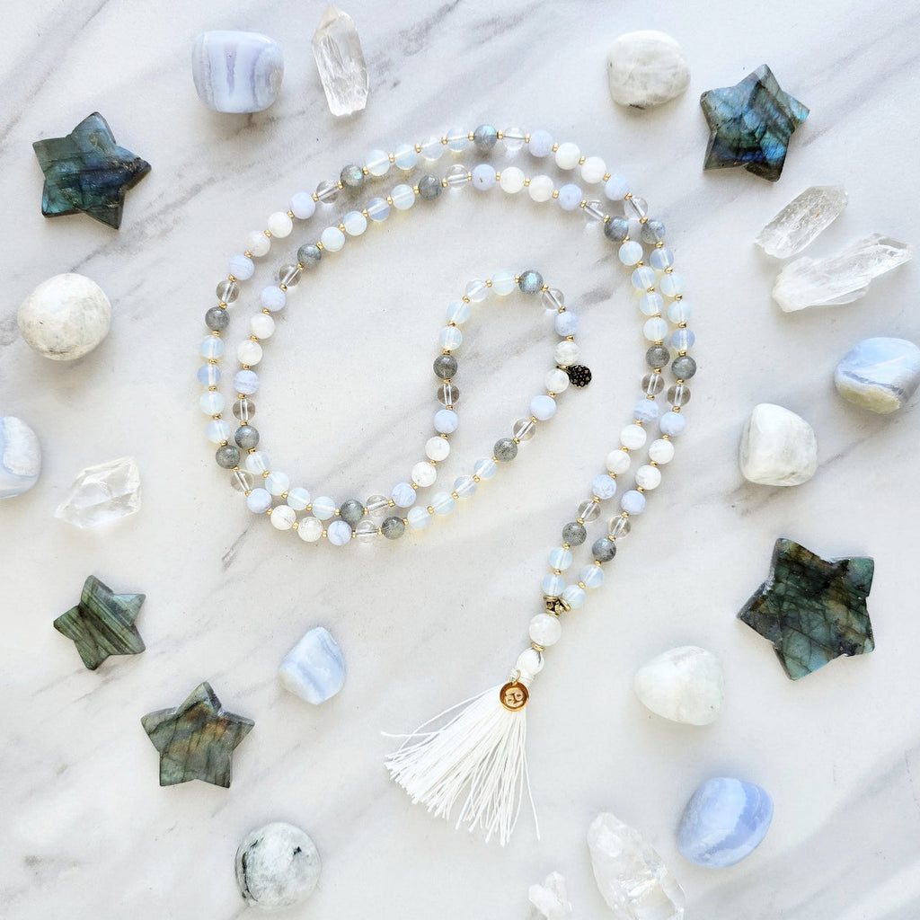 Cancer zodiac mala necklace with moonstone, labradorite and opalite beads, charm and tassel