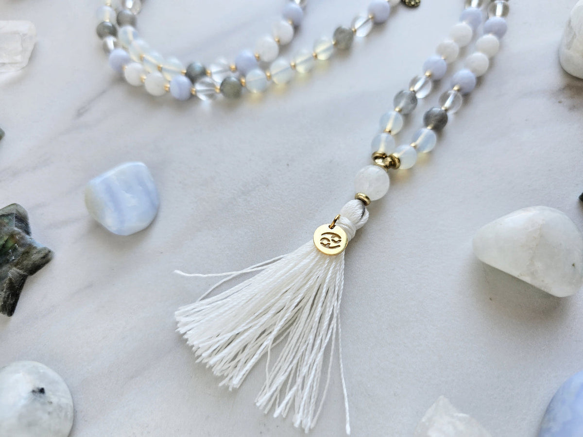 Cancer zodiac mala necklace with moonstone, labradorite and opalite beads, charm and tassel, view 3