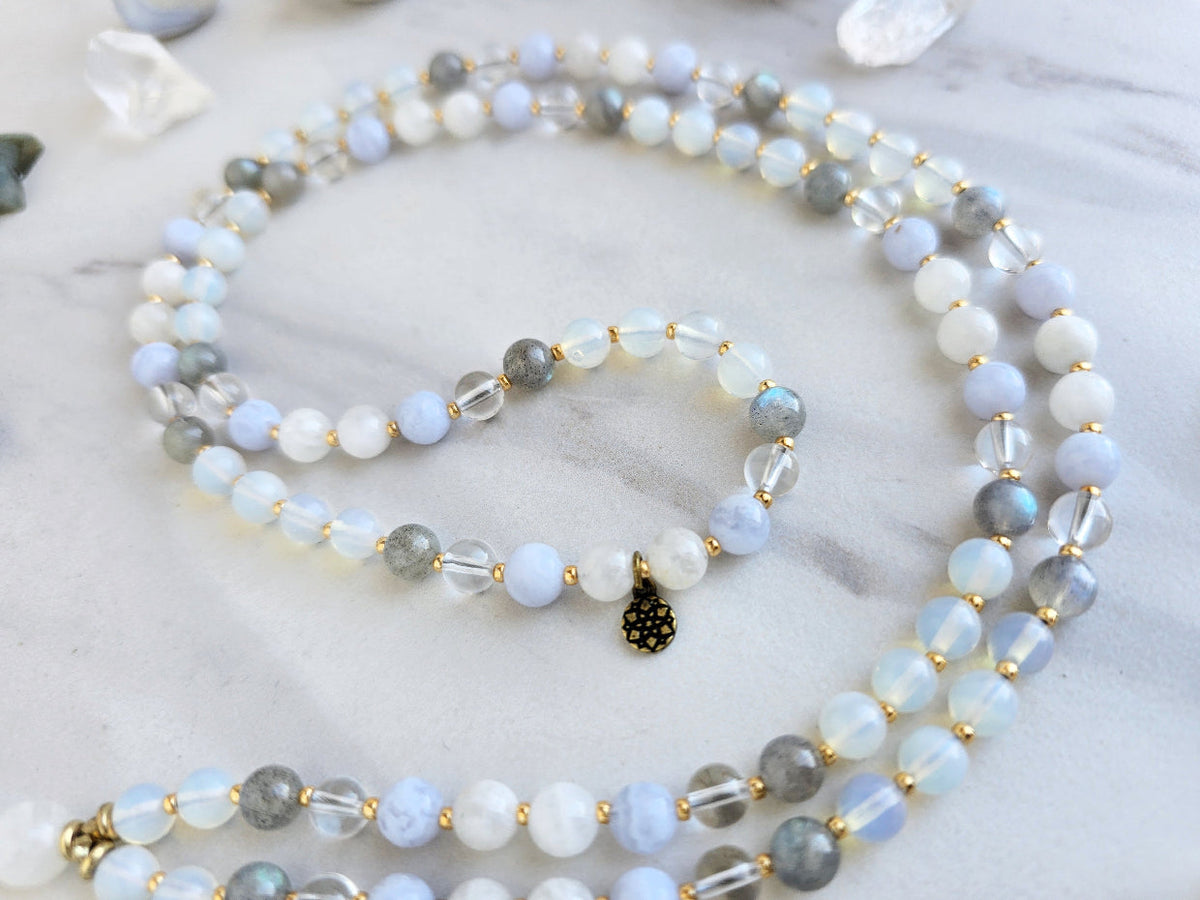 Cancer zodiac mala necklace with moonstone, labradorite and opalite beads, charm and tassel, view 4
