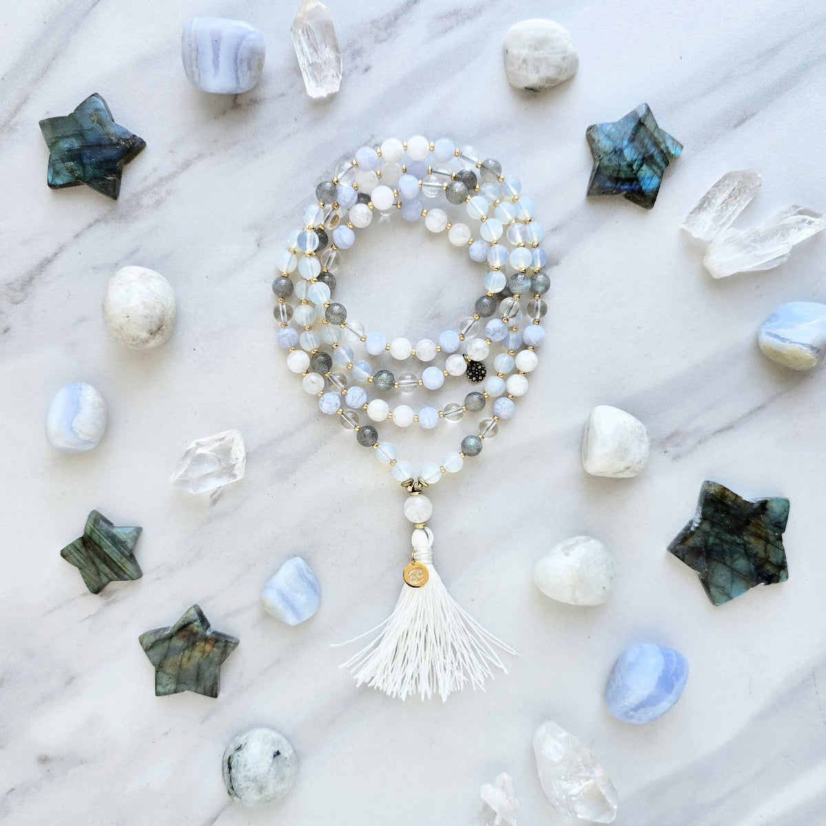 Cancer zodiac mala necklace with moonstone, labradorite and opalite beads, charm and tassel, view 2