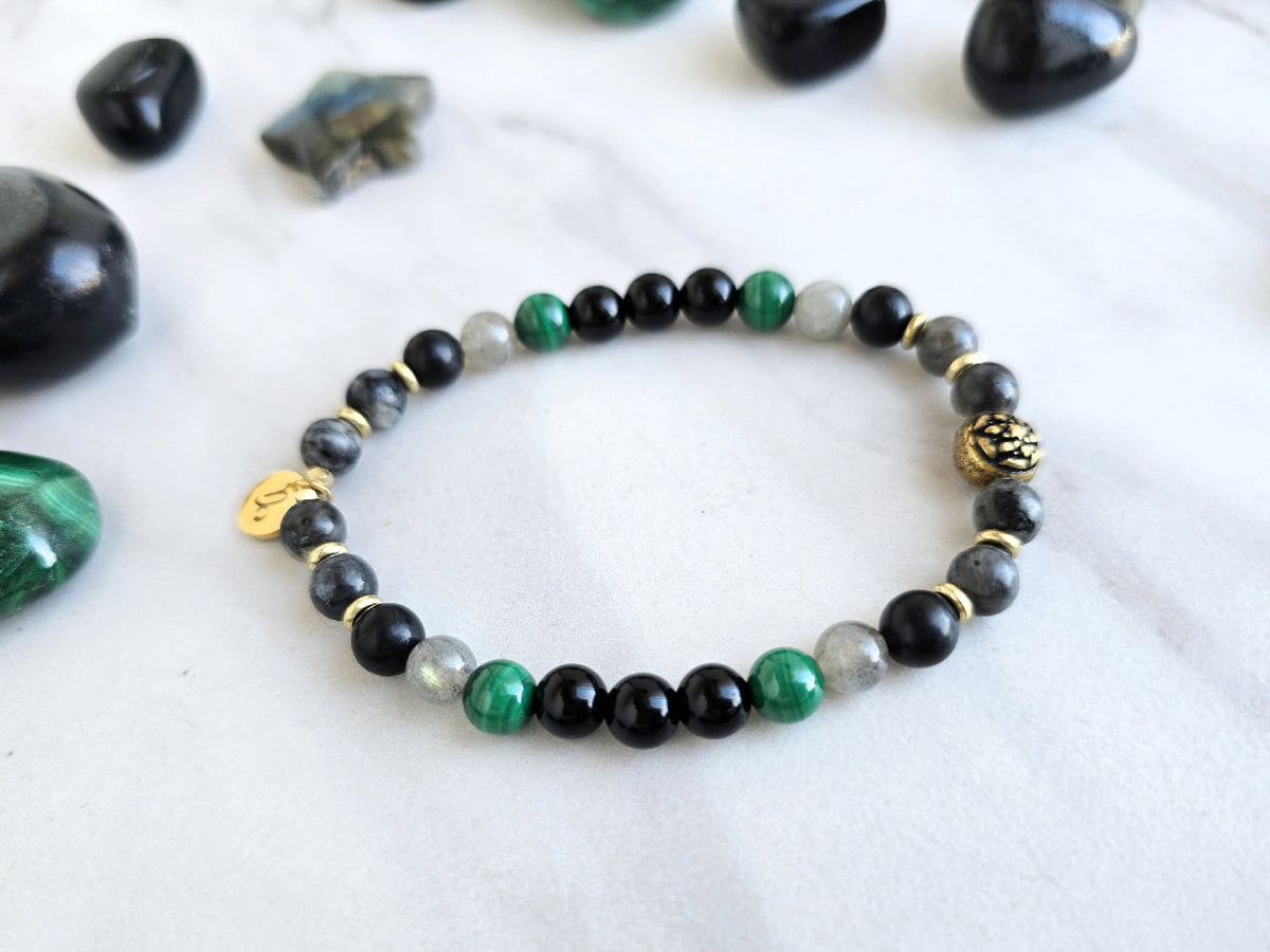 Capricorn zodiac gemstone stretch bracelet with larvikite and shungite beads and Capricorn charm, view 2