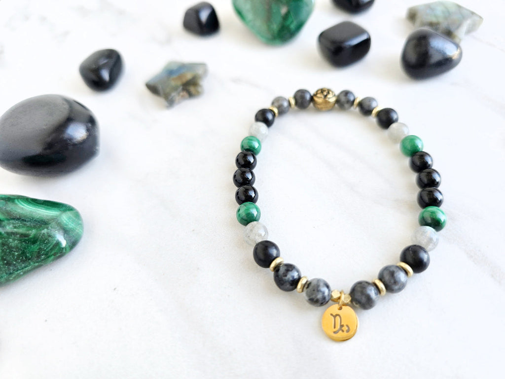 Capricorn zodiac gemstone stretch bracelet with larvikite and shungite beads and Capricorn charm, view 3