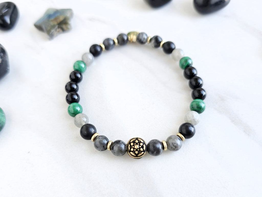 Capricorn zodiac gemstone stretch bracelet with larvikite and shungite beads and Capricorn charm, view 4