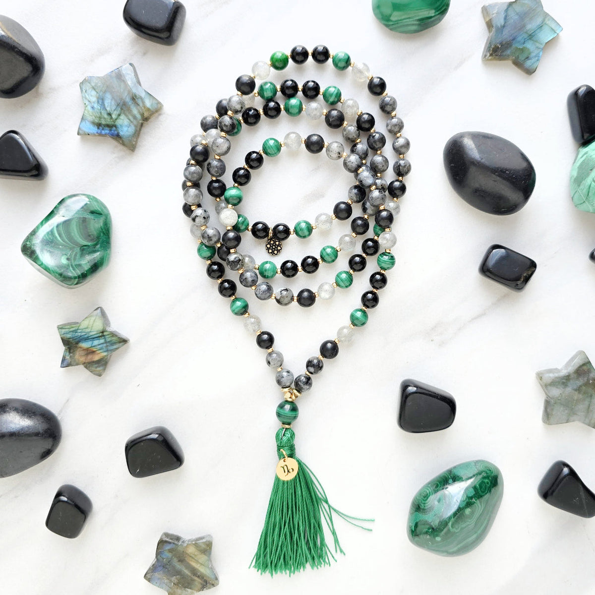 Capricorn zodiac mala necklace with larvikite and shungite beads, Capricorn charm and tassel, view 3