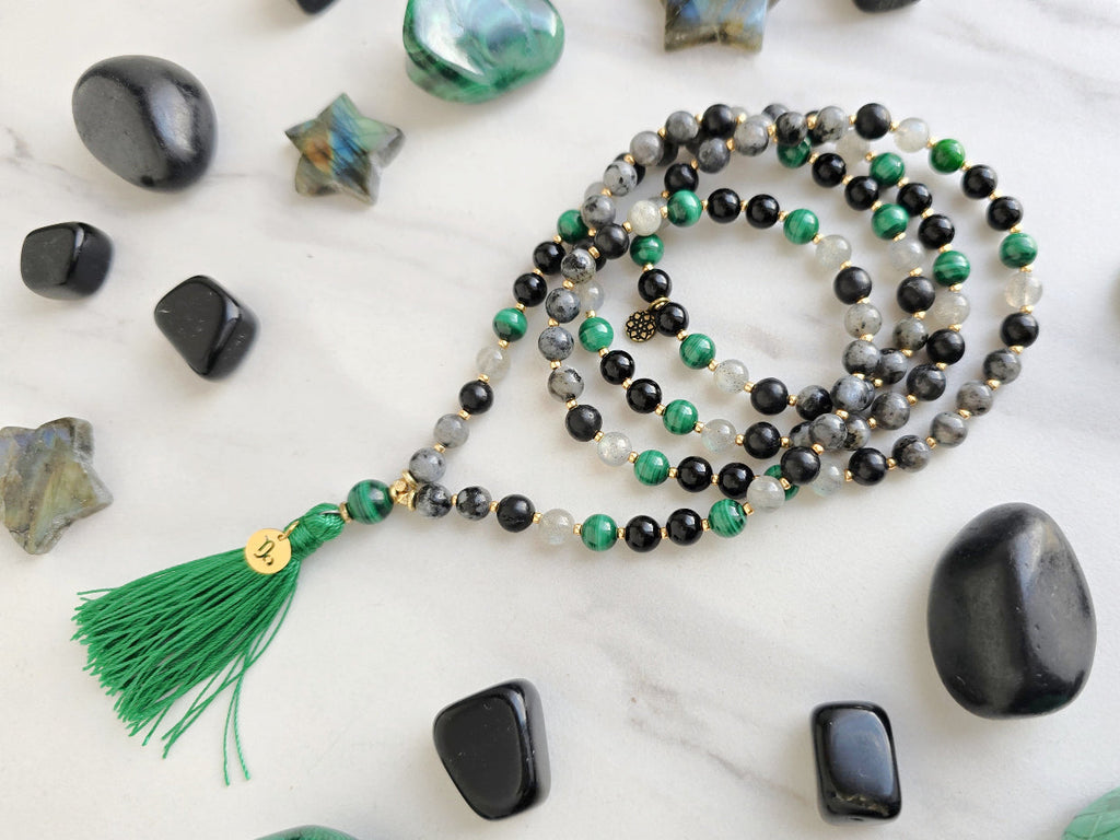 Capricorn zodiac mala necklace with larvikite and shungite beads, Capricorn charm and tassel, view 4