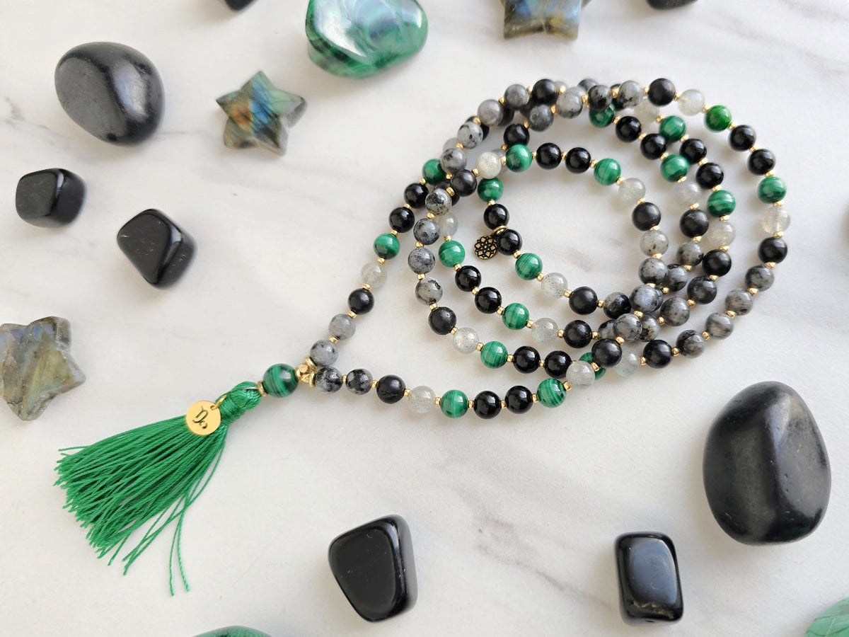 Capricorn zodiac mala necklace with larvikite and shungite beads, Capricorn charm and tassel, view 4