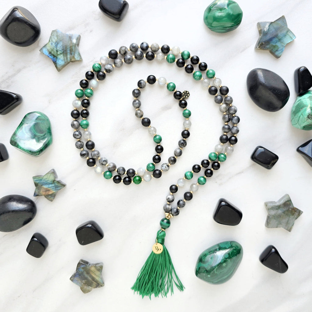 Capricorn zodiac mala necklace with larvikite and shungite beads, Capricorn charm and tassel