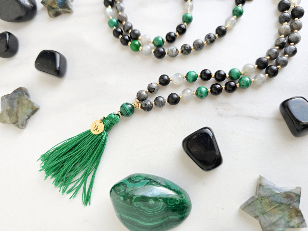 Capricorn zodiac mala necklace with larvikite and shungite beads, Capricorn charm and tassel, view 2