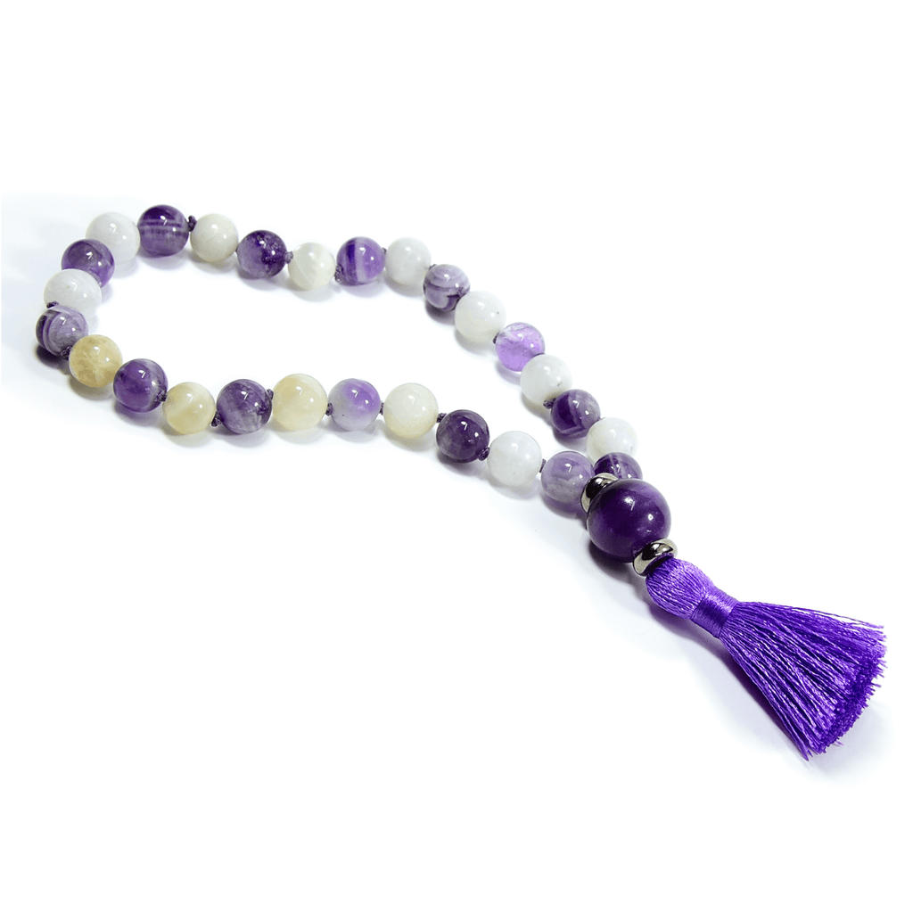 27-bead amethyst and moonstone third eye wrist mala, view 2