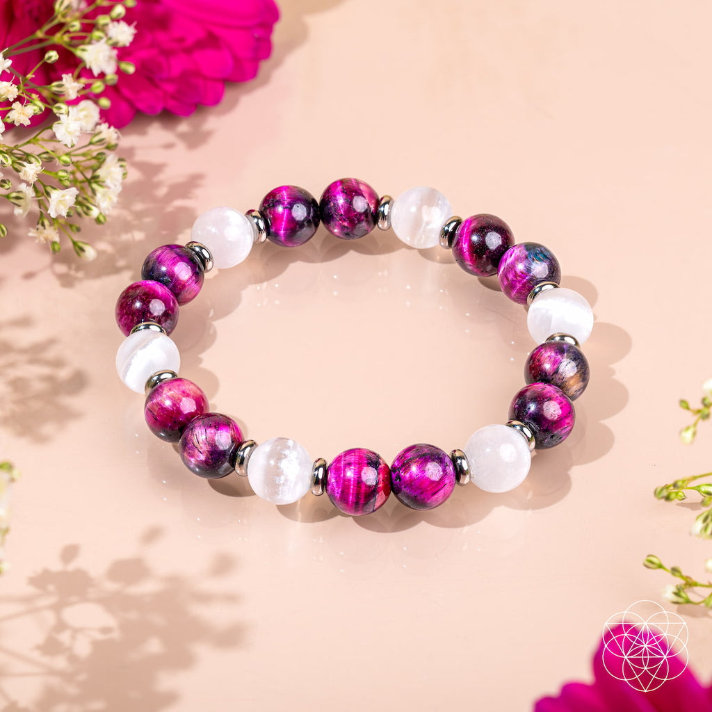 Pink galaxy tiger's eye bead bracelet