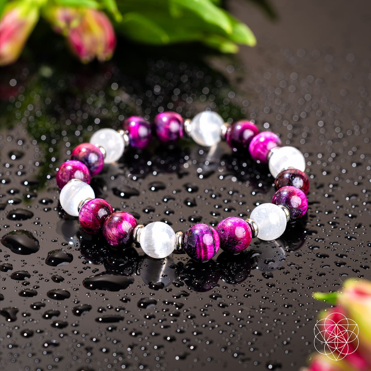 Pink galaxy tiger's eye bead bracelet, view 5