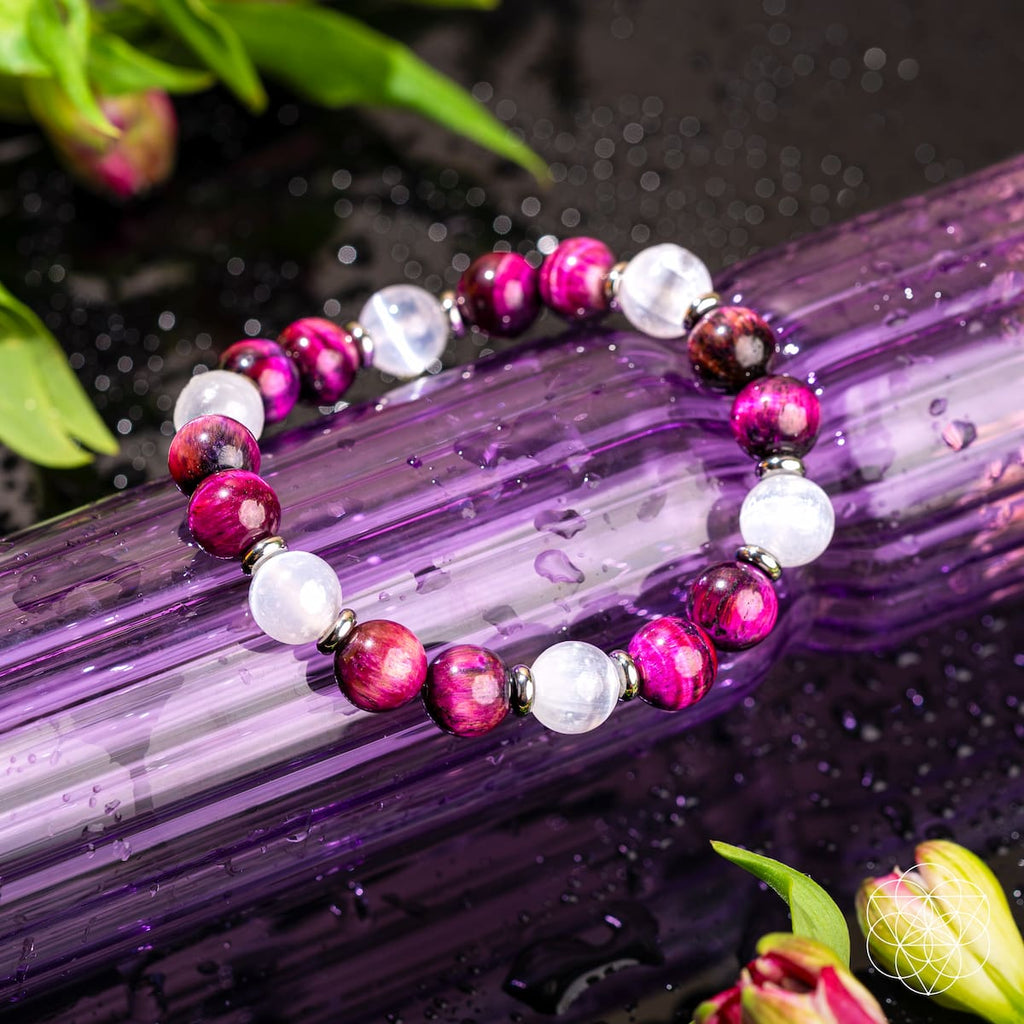 Pink galaxy tiger's eye bead bracelet, view 4