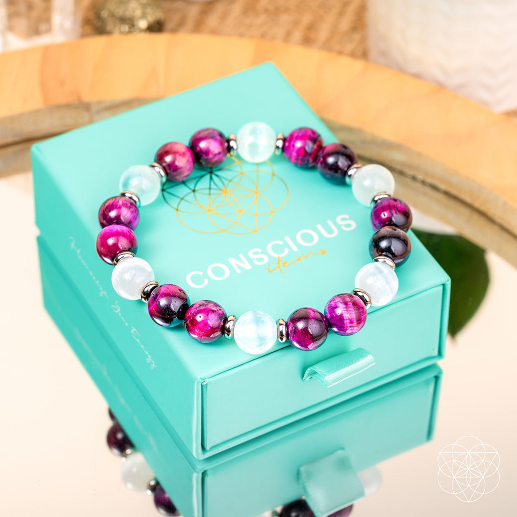 Pink galaxy tiger's eye bead bracelet, view 7