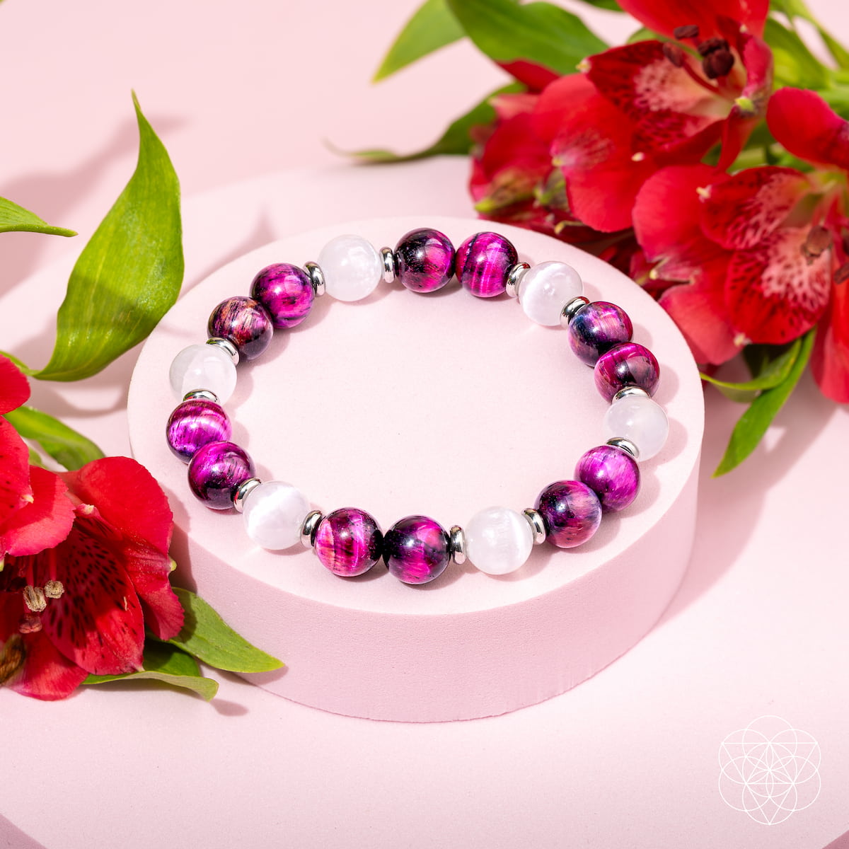 Pink galaxy tiger's eye bead bracelet, view 6